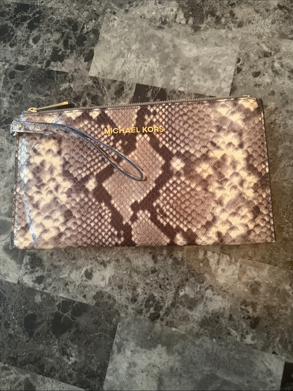 Michael Kors Brown Snakeskin-Print Wristlet Clutch with Gold Logo